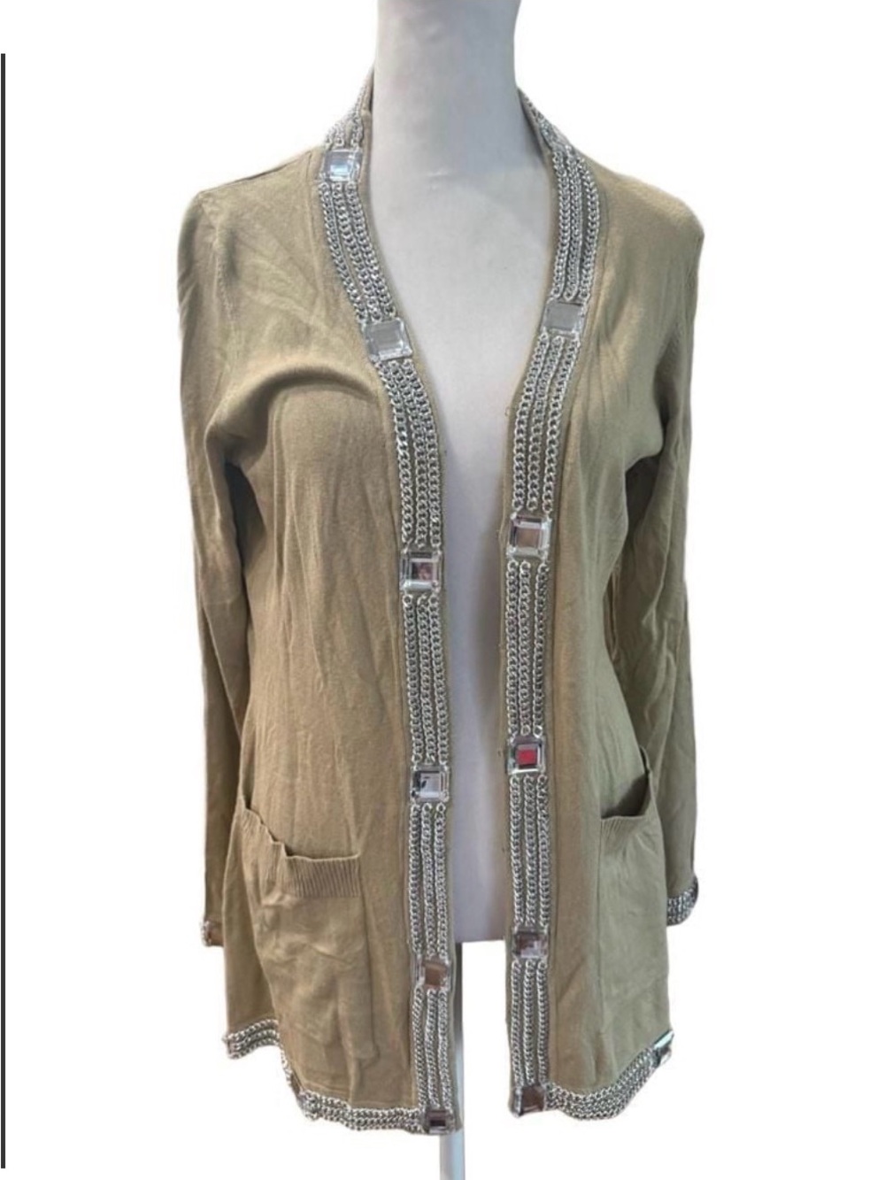 The Look Randolph Duke Women’s M Beige Cardigan Silver Chain Crystal Trim Y2K